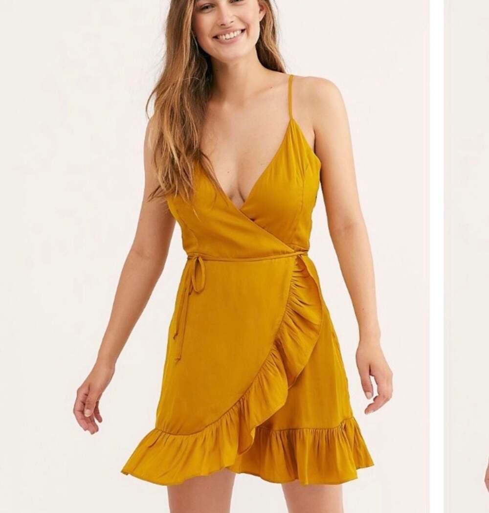 Free People All My Love Marigold Yellow Ruffle Wrap Mini Slip Dress M